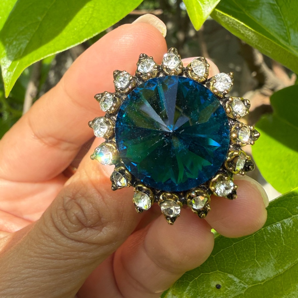 Blue Crystal Sunburst Statement Ring - image 3